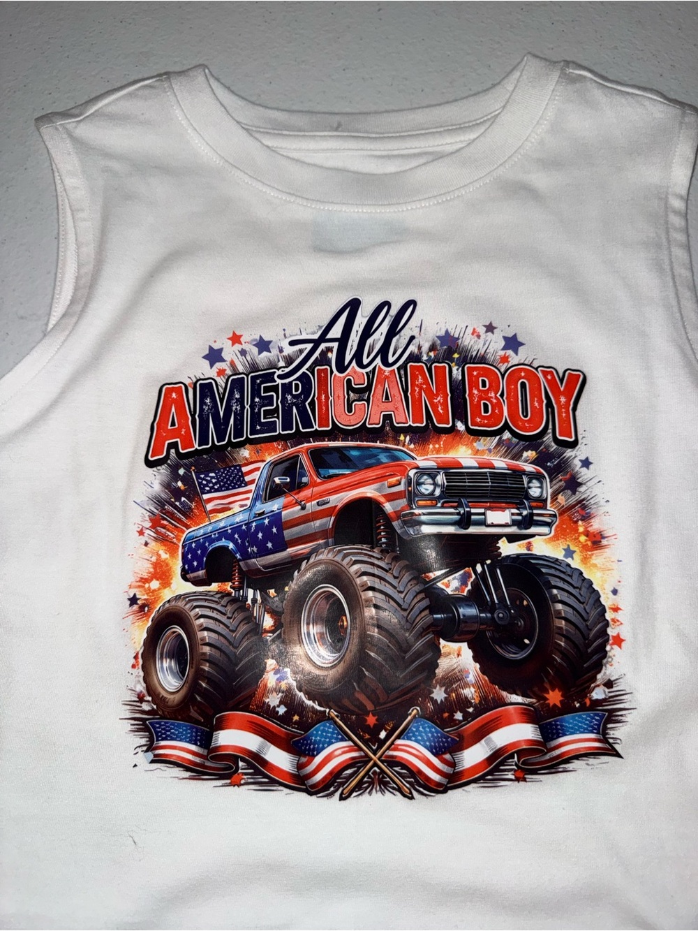 All American Boy White Tank Top with Monster Truck Graphic